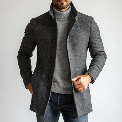 Men's Woolen Herringbone Coat | Retro Single-Breasted Mid-Length Outerwear | Classic Lapel Collar | Regular Fit | Premium Wool Blend | Vintage-Inspired Design | Functional Pockets | Ideal for Fall Winter