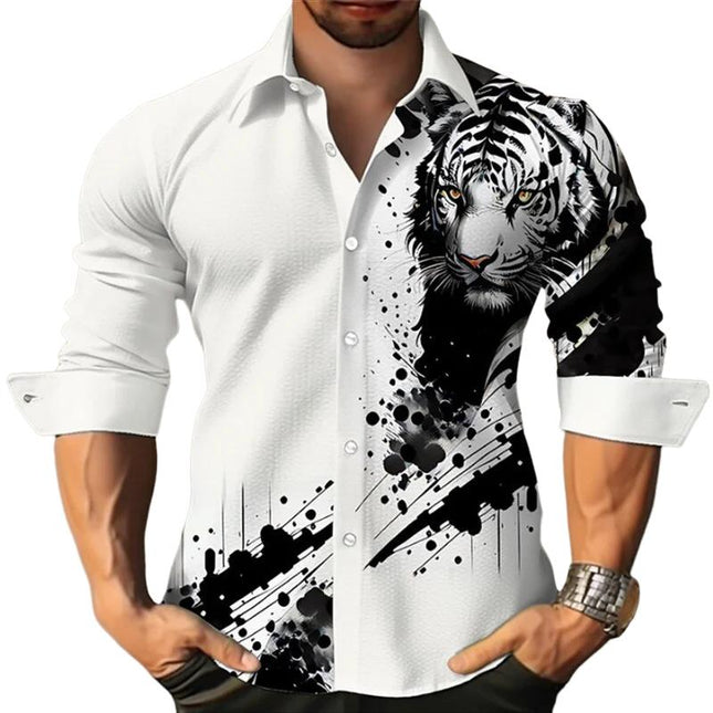 Men's Animal Print Shirt | Long Sleeve Lapel Collar | Modern Edgy Style | Casual Trendy Streetwear | Soft Breathable Polyester | Statement Piece | Versatile Fashion | Party Outings