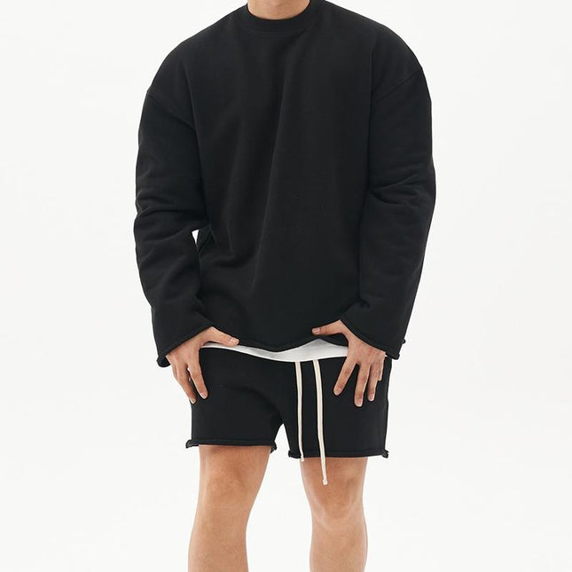 Men's Casual Loose Fit Sweatshirt & Shorts Set | Solid Color | Cotton Pullover | Autumn Winter Spring | Mid Waist | Short Pants | Long Sleeve