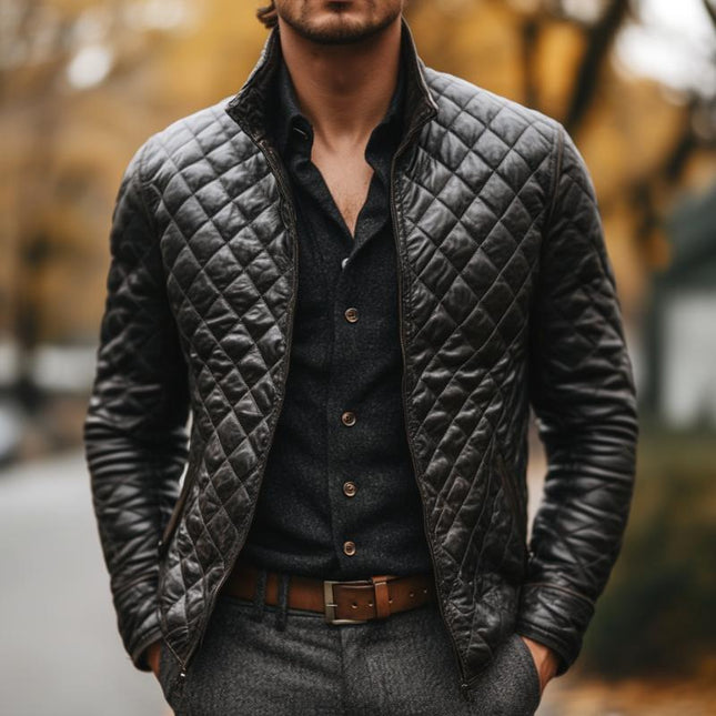Men's Quilted Leather Jacket | Genuine Leather | Casual Outerwear | Black | Stand Collar | Long Sleeve | Modern Style | Versatile Fit | Warm and Durable | Timeless Appeal