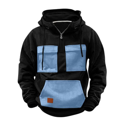 Men's Colorblock Design Half Zip Hoodie | Front Pocket | Casual Sportswear | Soft Cotton Blend | Breathable and Durable | Regular Fit | Long Sleeves with Ribbed Cuffs | Modern Stand Collar | Adjustable Ventilation