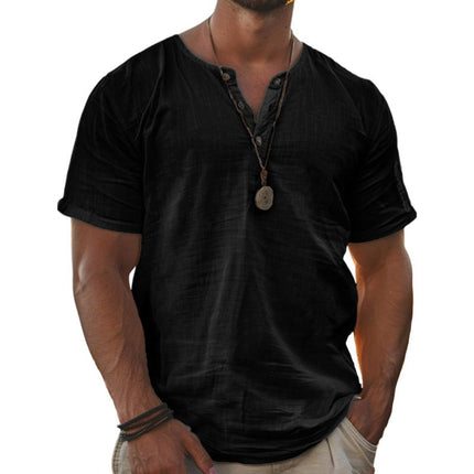 Men's Henley T-Shirt | Short Sleeve | Cotton Linen Blend | Breathable Lightweight Fabric | Classic Style for Casual and Semi-Casual Wear | Button Placket | Easy Care