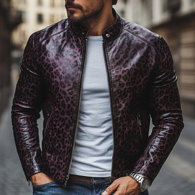 Men's Leopard Print Stand Collar Slim Fit Leather Jacket | Fashion Zipper Outerwear | Bold Design | Premium Leather | Casual & Semi-Formal Style | Statement-Making Jacket | Comfortable & Durable