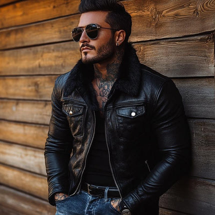 Men's Leather Jacket | Vintage Style | Detachable Fur Collar | Tailored Fit | Premium Leather | Long Sleeves | Multiple Pockets | Zipper Closure | Hip-Length | Solid Color | Casual & Semi-Formal Outerwear