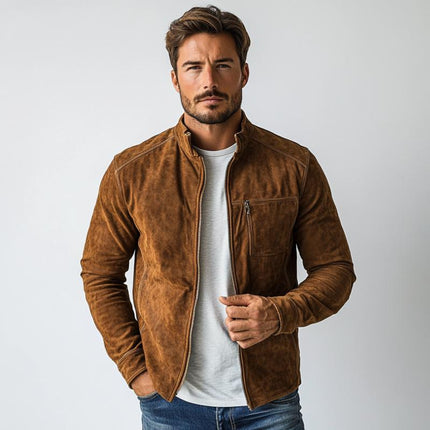 Men's Suede Jacket | Casual Zipper Stand Collar | Slim Fit | Long Sleeve | Short Length | Premium Suede | Solid Color | Functional Pockets | Autumn Spring Outerwear