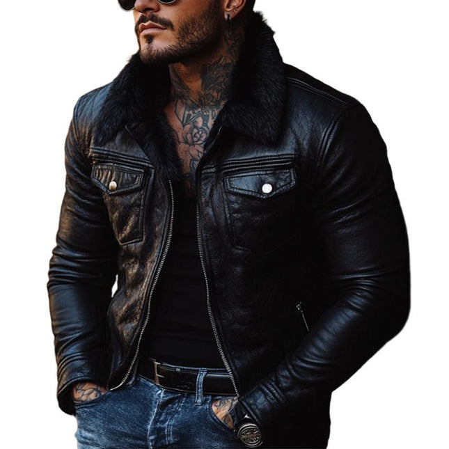 Men's Leather Jacket | Vintage Style | Detachable Fur Collar | Tailored Fit | Premium Leather | Long Sleeves | Multiple Pockets | Zipper Closure | Hip-Length | Solid Color | Casual & Semi-Formal Outerwear