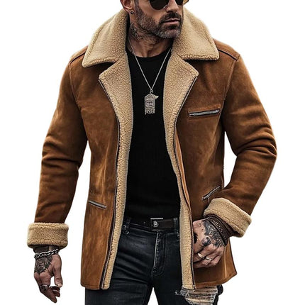 Men's Coat | Fleece Lined Suede | Single Breasted | Multi-Pocket | Lapel Collar | Warm Outerwear | Stylish & Functional | Winter Jacket | Durable Long Sleeve | Premium Suede Fabric | Versatile Layering