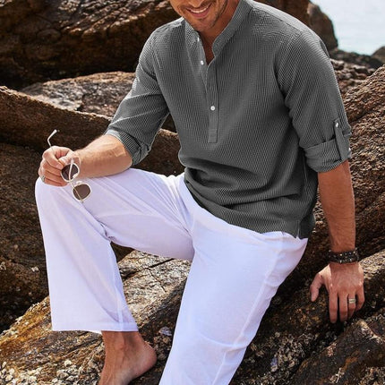 Men's Waffle Knit Shirt | Stand Collar | Rolled Long Sleeves | Casual & Semi-Formal | Solid Color | Soft & Breathable Fabric | Regular Fit | Versatile & Stylish | Easy Maintenance | Perfect for All Seasons