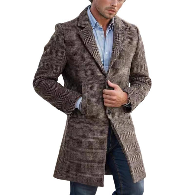 Men's Woolen Coat | Mid-length Plaid Design | Lapel Collar | Winter Outerwear | Warm and Stylish | Premium Fabric | Versatile Wardrobe Staple | Long Sleeve | Classic Elegant Look