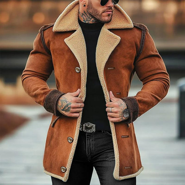 Men's Mid-Length Fleece Suede Casual Coat | Single Breasted | Suede Lapel Collar | Long Sleeve Outerwear | Warm & Stylish | Versatile Design | Soft & Durable Fabric | Available in Sizes M to 4XL | Classic Men's Jacket