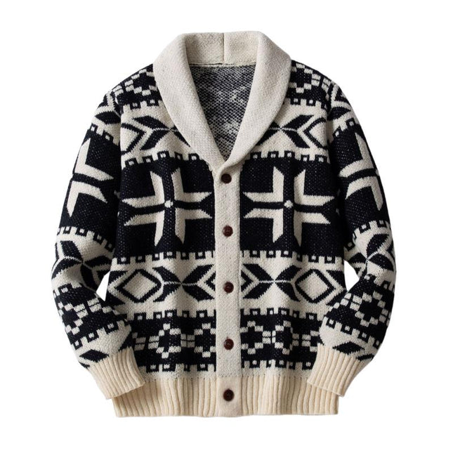 Men's Festive Christmas Jacquard Cardigan | Thick Knit Lapel | Single Breasted | Winter Holiday Sweater | Cozy Warm Outerwear | Vintage-Inspired Christmas Pattern | Ideal for Parties & Gatherings