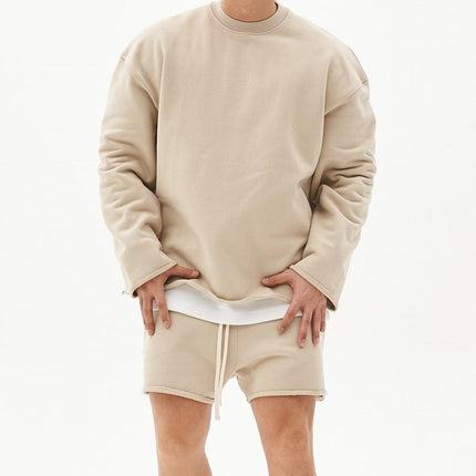 Men's Casual Loose Fit Sweatshirt & Shorts Set | Solid Color | Cotton Pullover | Autumn Winter Spring | Mid Waist | Short Pants | Long Sleeve