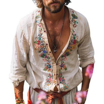 Men's Long Sleeve Vintage Embroidered Shirt | Casual Cotton | Pointed Collar | Adjustable Button Cuffs | Breathable Soft Fabric | Sizes S-3XL | Men's Retro Style | Comfortable for Social Gatherings