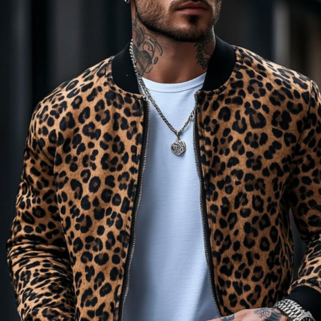 Men's Leopard Print Bomber Jacket | Casual Lightweight Outerwear | Ribbed Collar & Cuffs | Full Zip Closure | Waist-Length Regular Fit | Polyester Blend | Ideal for Fall & Spring | Fashionable Statement Piece
