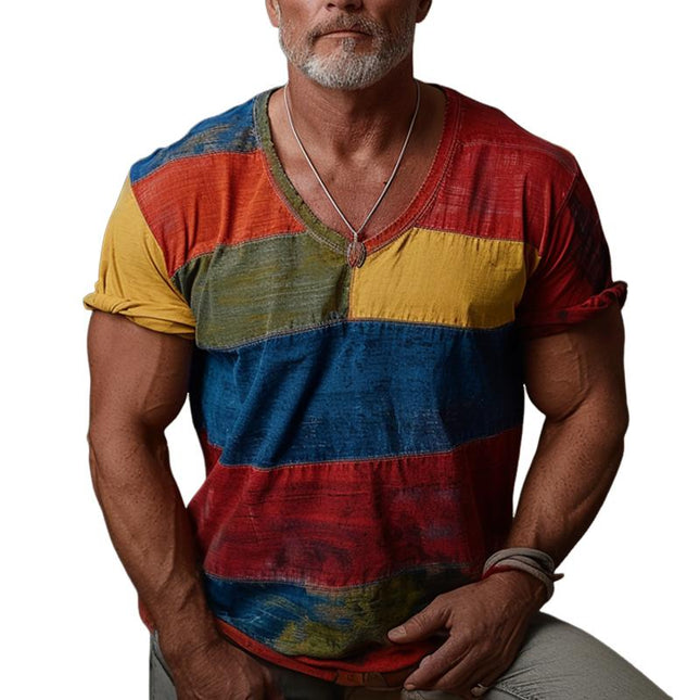 Men's V-Neck Colorblock Short Sleeve T-Shirt | Regular Fit | Soft Cotton Blend | Casual Style for Spring Summer | Sizes Available | Ideal for Everyday Wear | Machine Washable