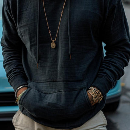 Men's Retro Hoodie | Solid Color | Kangaroo Pocket | Round Neck with Adjustable Hood | Long Sleeves with Ribbed Cuffs | Cotton Blend Fabric | Casual Streetwear | Versatile Layering | Daily Fall Winter Apparel