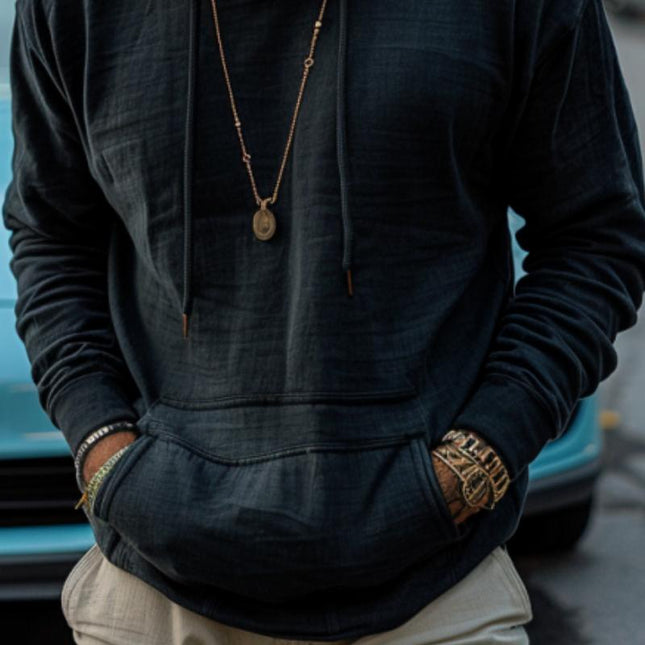 Men's Retro Hoodie | Solid Color | Kangaroo Pocket | Round Neck with Adjustable Hood | Long Sleeves with Ribbed Cuffs | Cotton Blend Fabric | Casual Streetwear | Versatile Layering | Daily Fall Winter Apparel