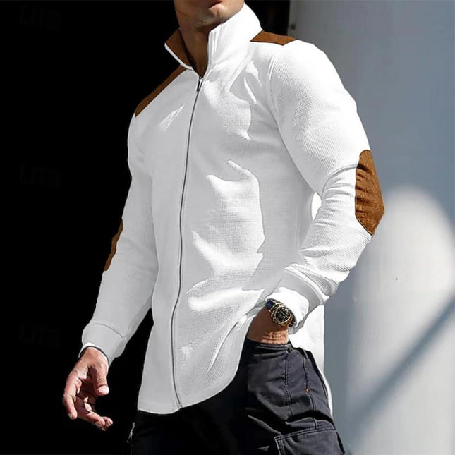 Men's Stand Collar Long Sleeve Shirt | Color Block Design | Waffle Texture | Zipper Closure | Cotton-Polyester Blend | Casual Smart Casual Wear | Comfortable Fit | Stylish Versatile Top