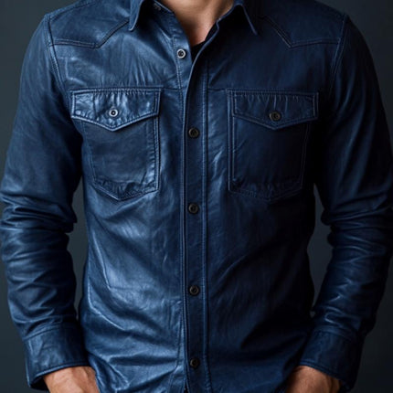 Men's Premium Leather Shirt | Dark Blue Classic Lapel | Long Sleeve Button Up | Luxury Tailored Fit | Versatile Casual to Semi-Formal Wear | Comfortable and Stylish Wardrobe Essential