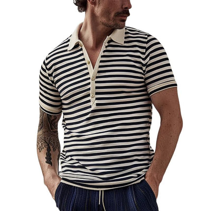 Men's Striped Polo Shirt | Lapel Collar | Short Sleeve | Premium Cotton Blend | Regular Fit | Classic Button Placket | Breathable & Soft | Casual & Semi-Formal Wear