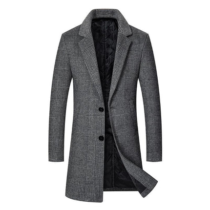 Men's Woolen Coat | Mid-length Plaid Design | Lapel Collar | Winter Outerwear | Warm and Stylish | Premium Fabric | Versatile Wardrobe Staple | Long Sleeve | Classic Elegant Look