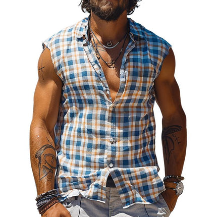 Men's Sleeveless Lapel Tank Top | Plaid Print | Casual Loose Fit | Breathable Polyester Fabric | Spring Summer Vest | Muscle Showcasing | Multi-Size Options | Unique Design | Classic Men's Style