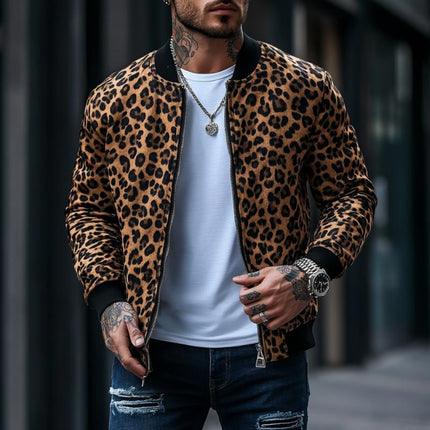 Men's Leopard Print Bomber Jacket | Casual Lightweight Outerwear | Ribbed Collar & Cuffs | Full Zip Closure | Waist-Length Regular Fit | Polyester Blend | Ideal for Fall & Spring | Fashionable Statement Piece