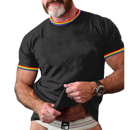 Men's T-Shirt | Rainbow Stripe Patchwork | Round Neck | Short Sleeve | Cotton Blend | Casual Comfort | Colorful Stripes | Summer & Spring Wear | Breathable Fabric | Versatile Fit | Beach & Festival Style