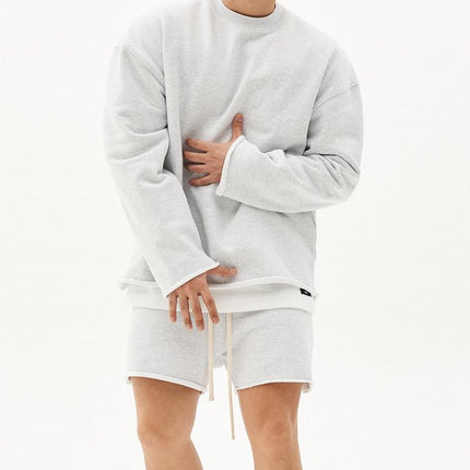 Men's Casual Loose Fit Sweatshirt & Shorts Set | Solid Color | Cotton Pullover | Autumn Winter Spring | Mid Waist | Short Pants | Long Sleeve