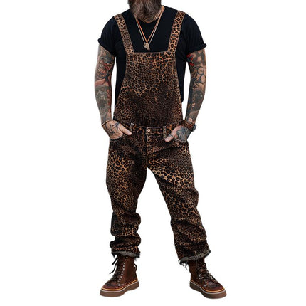 Men's Overalls | Retro Leopard Print | Casual Style | Straight Leg | Blended Fabric | Long Pants | Comfortable Fit | All Seasons | Versatile Fashion