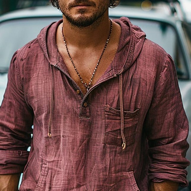 Men's Hooded Sweatshirt | Vintage Style | Cotton Linen Blend | Chest Pocket | Relaxed Fit | Long Sleeve | Solid Color | Casual Outerwear | Breathable & Durable | Adjustable Drawstring Hood
