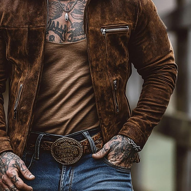 Men's Suede Jacket | Regular Fit | Long Sleeve | Lapel Collar | Solid Color | Zipper Closure | Zippered Chest Pocket | Fall & Spring Outerwear