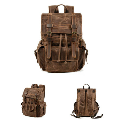 Men's Vintage Backpack | Beeswax Canvas & Leather | Multi-Pocket Design | Outdoor & Urban Use | Water-Resistant | Adjustable Straps | Durable & Stylish