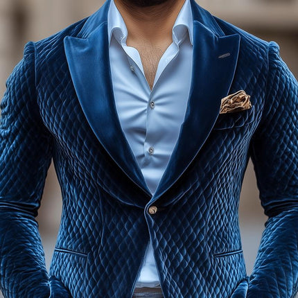 Men's Vintage Blazer | Velvet Peak Lapel | One-Button Closure | Rhombus Pattern | Long Sleeve | Luxury Outerwear | Elegant Casual Style | Soft Touch Velvet | Versatile Design | Sizes Available