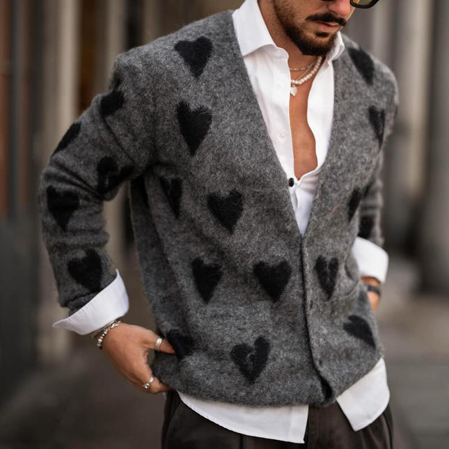 Men's V Neck Knit Cardigan | Heart Graphic Pattern | Single Breasted | Long Sleeve | Soft Cotton Acrylic Blend | Casual Layering | Cozy Outerwear