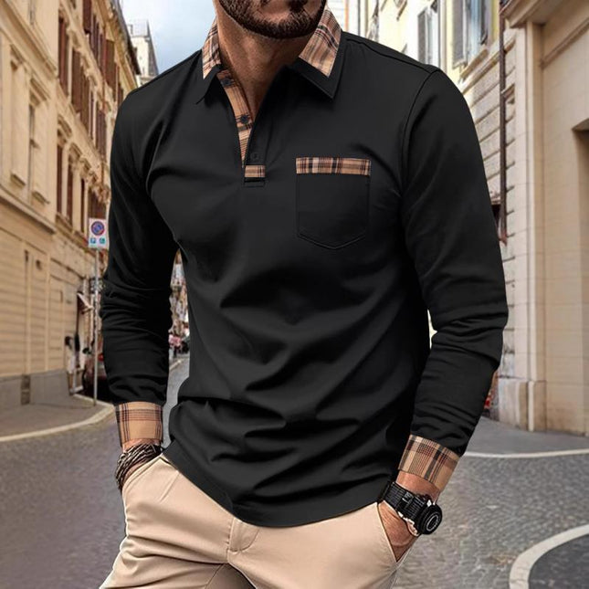 Men's Long Sleeve Polo Shirt | Checked Stitching Design | Casual Lapel Collar | Soft Breathable Fabric | Smart-Casual Versatile Style