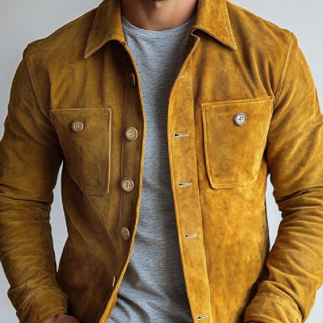 Men's Vintage Suede Jacket | Chest Pocket | Single Breasted | Classic Lapel Collar | Regular Fit | Mid-Length | Long Sleeves | Lightweight | Solid Color | Smart Casual | Ideal for Autumn and Spring