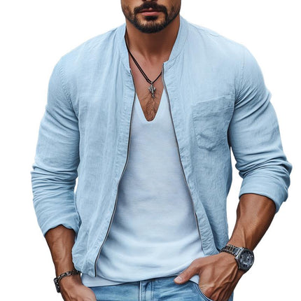 Men's Cotton Linen Jacket | Stand Collar | Chest Pocket | Zipper Closure | Solid Color | Long Sleeve | Breathable | Stylish Outerwear