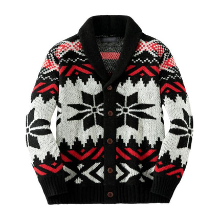 Men's Holiday Cardigan | Vintage Christmas Jacquard Pattern | Lapel Design | Soft Knit Fabric | Single-Breasted | Warm & Comfortable | Ideal for Winter Gatherings | Versatile Layering Piece