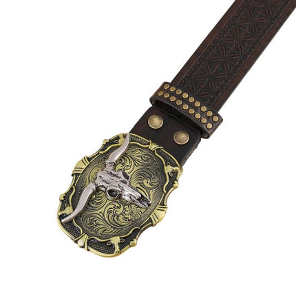 Men's Leather Belt | Vintage Western Cowboy Style | Carved Punk Design | High-Quality Leather | Intricate Patterns | Bold Punk Influence | Adjustable Fit | Classic Western Buckle | Durable Accessories