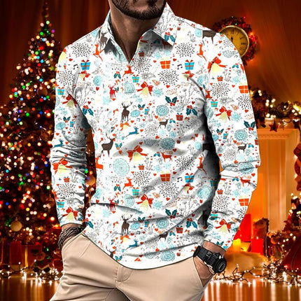 Men's Polo Shirt | Retro Floral Print | Long Sleeve | Casual Christmas Theme | Lapel Collar | Comfort Blended Fabric | All Season Wear | Multiple Sizes Available