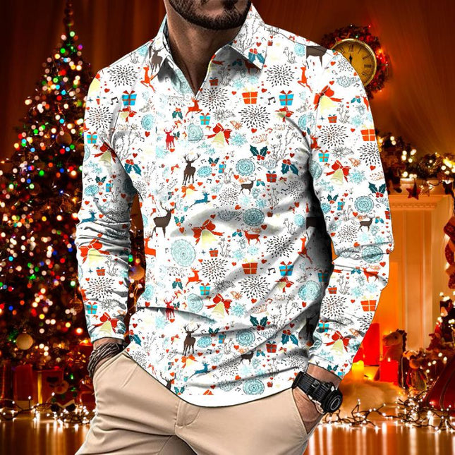 Men's Polo Shirt | Retro Floral Print | Long Sleeve | Casual Christmas Theme | Lapel Collar | Comfort Blended Fabric | All Season Wear | Multiple Sizes Available