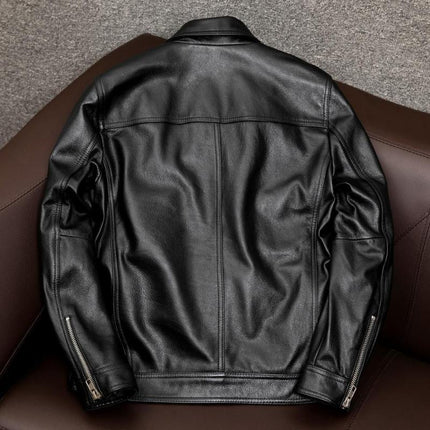Men's Premium Vintage Leather Jacket | Lapel Collar | Long Sleeve | Double Chest Pockets | Genuine Leather | Solid Color with Distressing | Hip-Length | Regular Fit | Perfect for Fall, Winter, and Spring