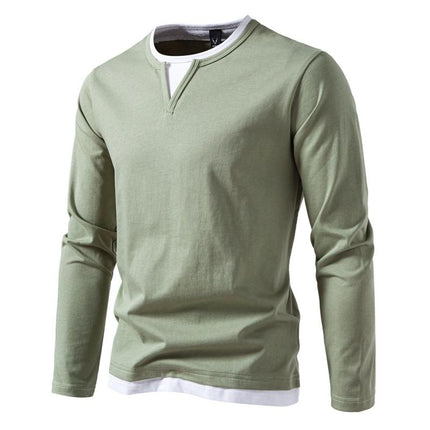 Men's Double Layer V-Neck T-Shirt | Casual Color Block Design | Long Sleeves | Fake Two-Piece Layered Look | Soft Lightweight Stretch Fabric | Regular Fit | Versatile Fashion Staple