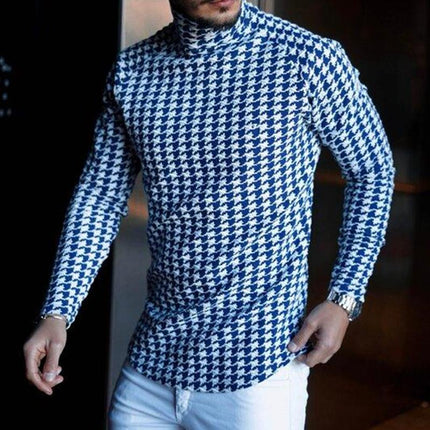 Men's Retro Turtleneck Long Sleeve T-Shirt | Houndstooth Print | Casual Checkerboard Pattern | High Neck Design | Soft Cotton Blend | Fashionable & Comfortable Fit | Versatile for All Occasions