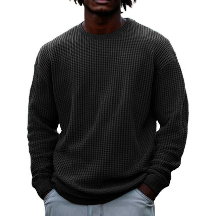 Men's Long Sleeve Waffle Knit Sweatshirt | Solid Color | Round Neck | Casual Layering | Soft Cotton Blend | Versatile Urban Fashion | Sizes S-5XL | Cool Weather Essentials