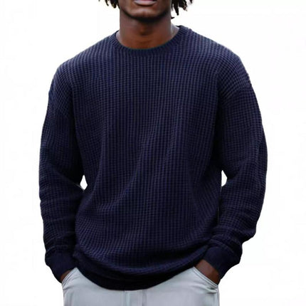Men's Long Sleeve Waffle Knit Sweatshirt | Solid Color | Round Neck | Casual Layering | Soft Cotton Blend | Versatile Urban Fashion | Sizes S-5XL | Cool Weather Essentials