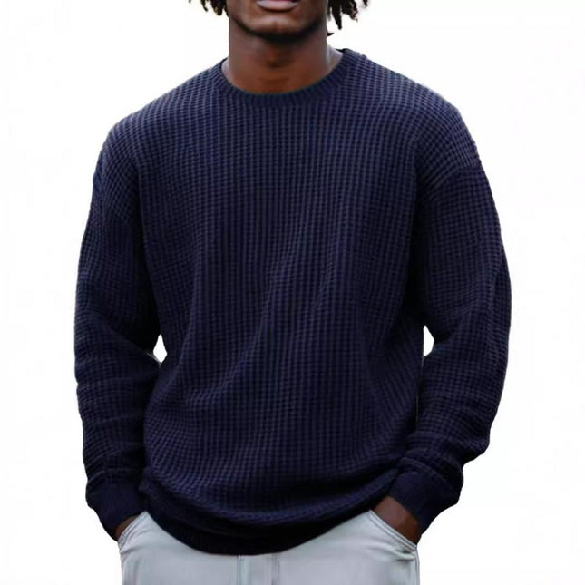 Men's Long Sleeve Waffle Knit Sweatshirt | Solid Color | Round Neck | Casual Layering | Soft Cotton Blend | Versatile Urban Fashion | Sizes S-5XL | Cool Weather Essentials
