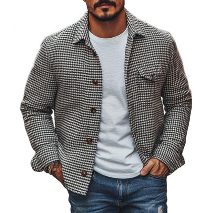 Men's Houndstooth Shirt Jacket | Vintage Lapel Design | Single Breasted Closure | Classic Outerwear | Versatile Layering | Stylish and Practical | Casual & Semi-Formal Wear | Comfortable Fit | Functional Pockets