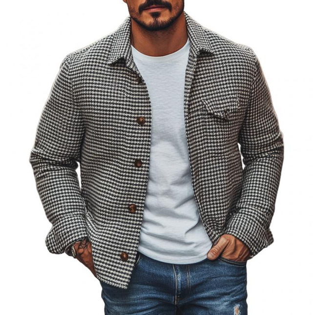 Men's Houndstooth Shirt Jacket | Vintage Lapel Design | Single Breasted Closure | Classic Outerwear | Versatile Layering | Stylish and Practical | Casual & Semi-Formal Wear | Comfortable Fit | Functional Pockets